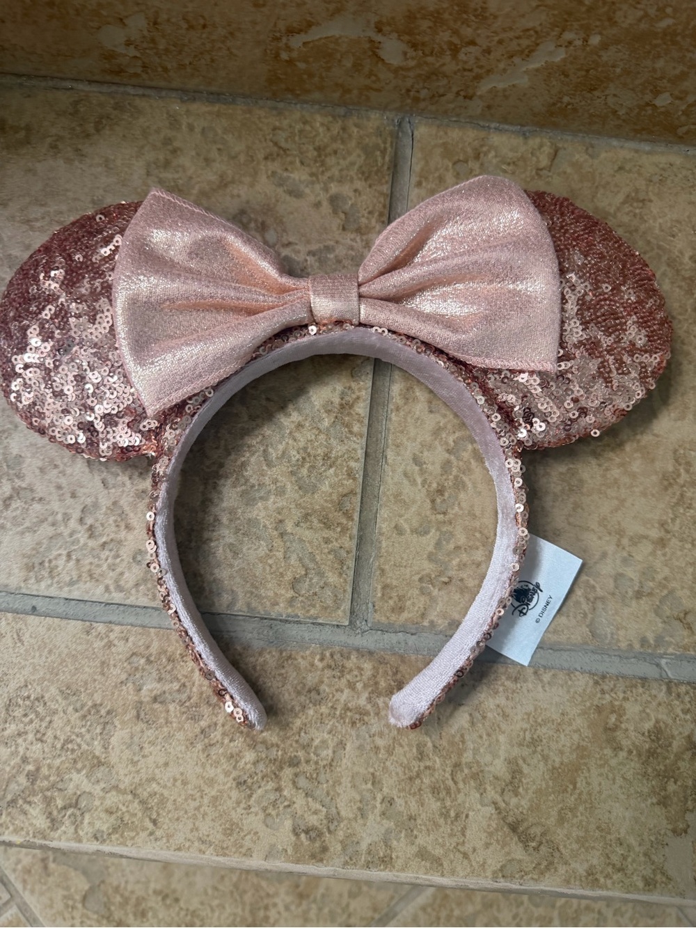 Disney Rose Gold Sequin Minnie Ear Headband with Shimmer Bow